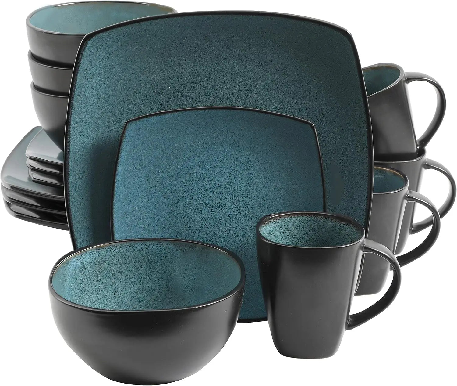 16pc Stoneware Dinnerware Set, Reactive Glaze Plates Bowls, Black