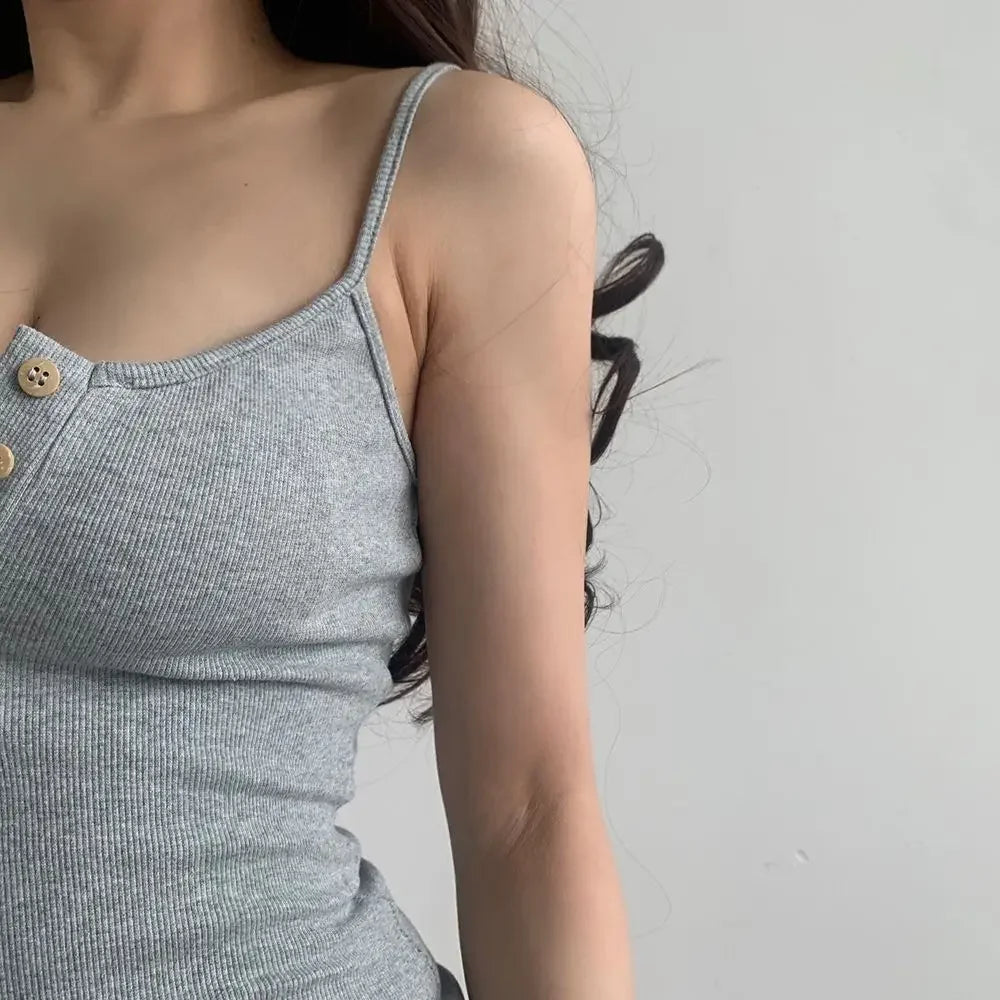 Women Grey Sleeveless Slim Fit Wrapped Hip Bodycon Dress Summer New Sling Wrapped Hip Short Dress Y2K Sexy Spicy Girl Dress