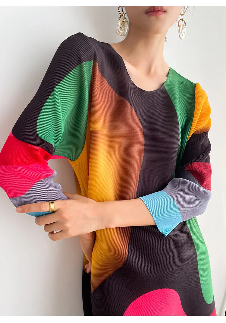 Miyake Pleated Print Dress 2024 New Early Spring Fashion Elegant A-line Swing Dress Elegant Women's Clothing High-quality