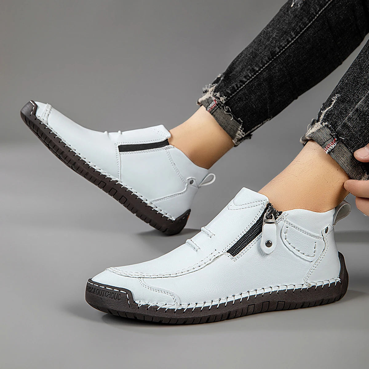 Handmade Leather Casual Shoes for Men Sneakers Men Flat Footwear Zipper Leather Boots Men Ankle Outdoor Walking Plus Size 39-48