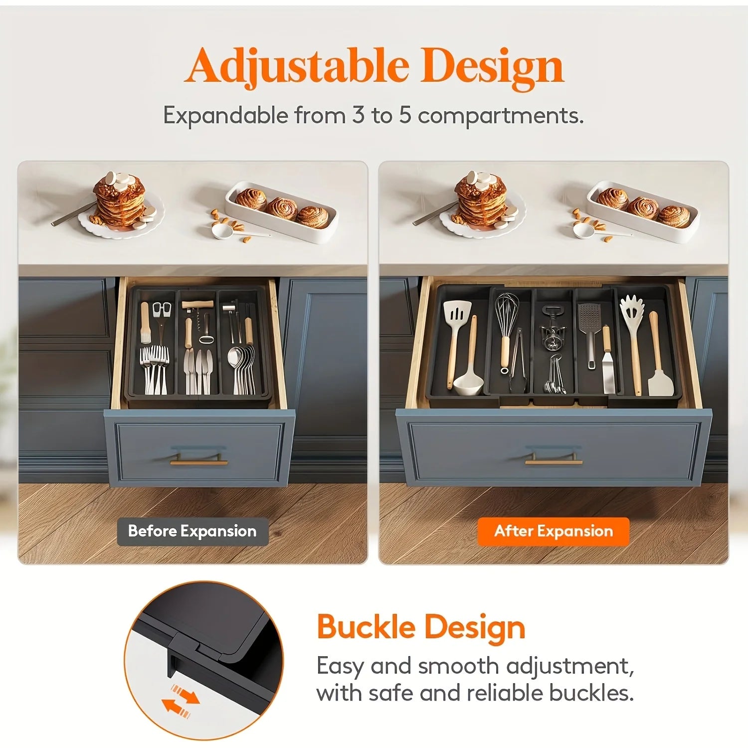 Expandable & Adjustable Large Plastic Kitchen Utensil Organizer - Cutlery Holder & Tool Divider，Kitchen Utensil Organizer