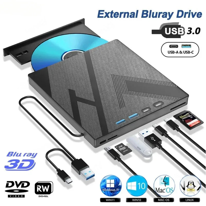 NEW USB3.0 Type-C External Bluray Optical Drive for Laptop PC Portable BD DVD CD -/+RW Player Burner Reader with SD/TF Card Slot