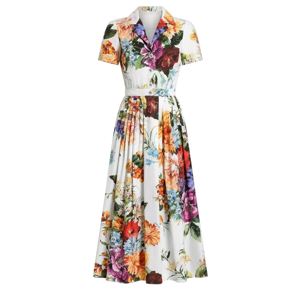 Summer Runway Holiday Flower Shirt Dress Women's Notched V-Neck Short Sleeve Single Breasted A-Line Pleated Midi Vestidos