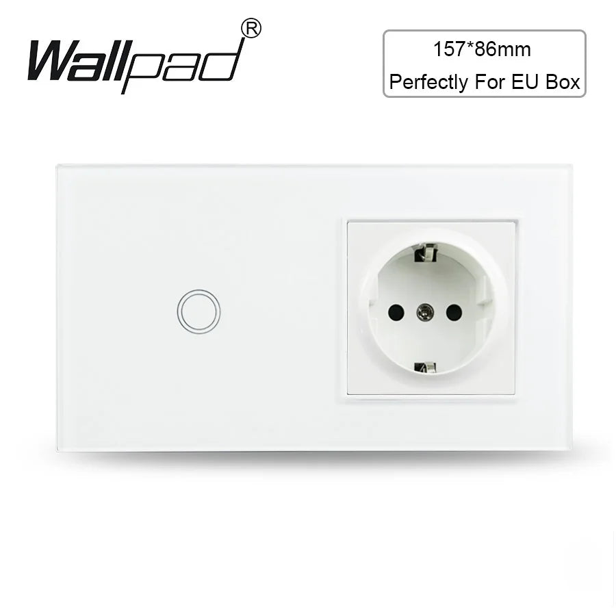 Touch Light Switch With EU Power Wall Sockets White Black 300W Led 1 Gang 1 Way Crystal Glass Panel Interruptor 157mm*86mm