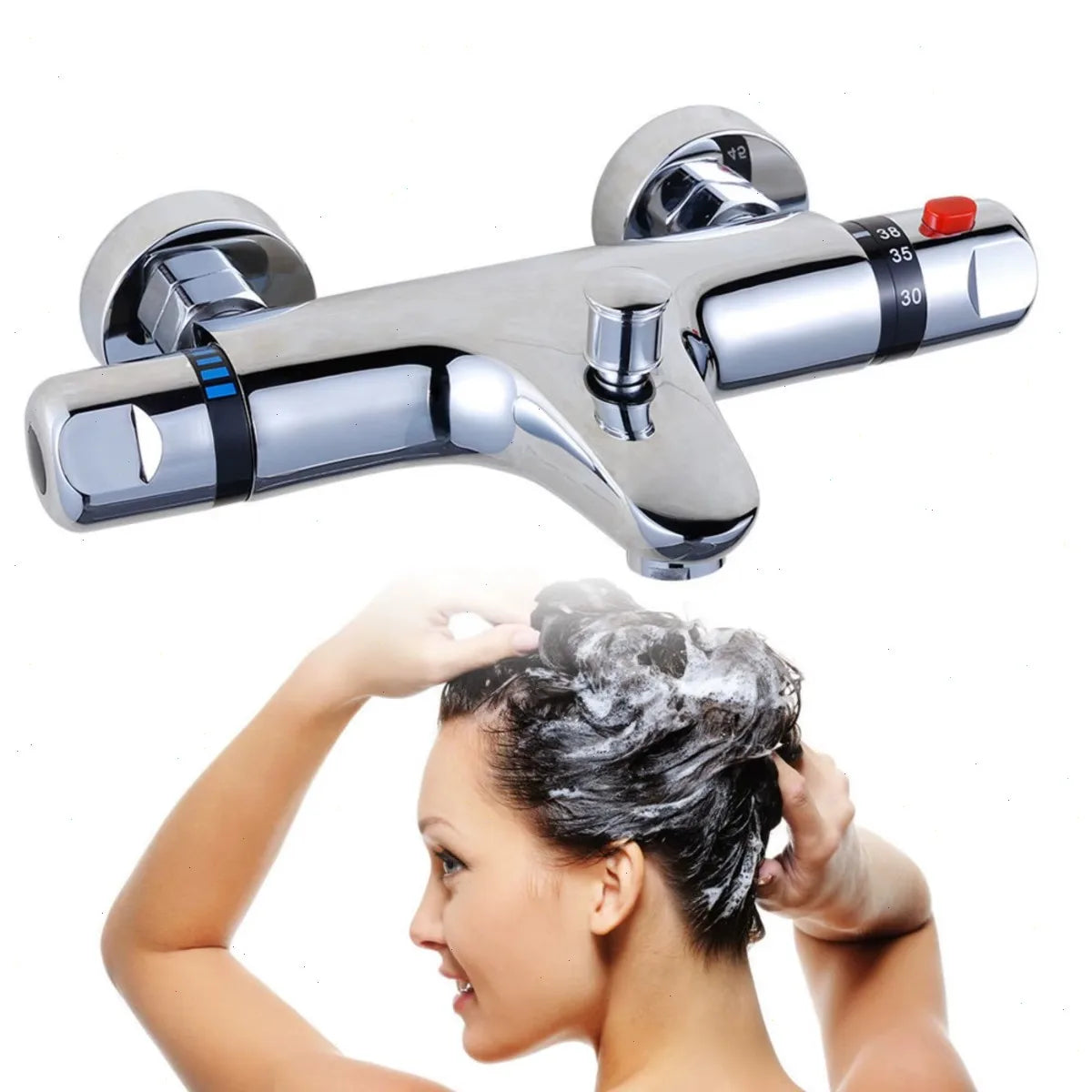 Thermostatic Mixing Valve, Brass Shower Valve with Temperature Control, Anti-Scald Bathroom Shower Faucet with Flow Control