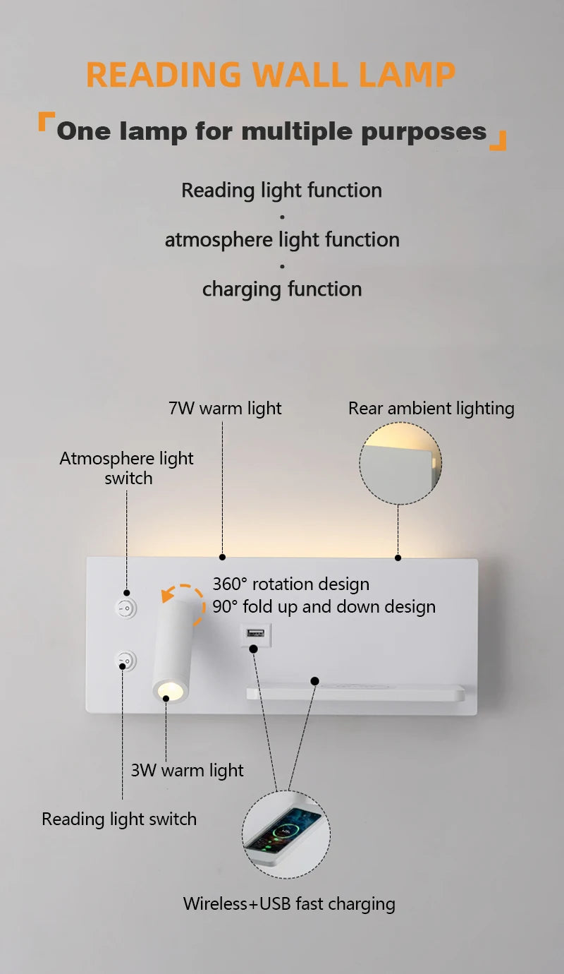 Multi functional wall lamp with switch, USB interface, LED mobile phone wireless charger, reading wall lamp, bedroom night light