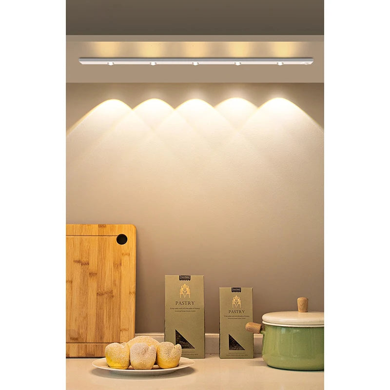 Smart LED Motion Sensor Light Strip - Thin Cat-Eye Hill Design, Rechargeable Self-Adhesive for Wardrobe/Wine Cabinet/Cabinet