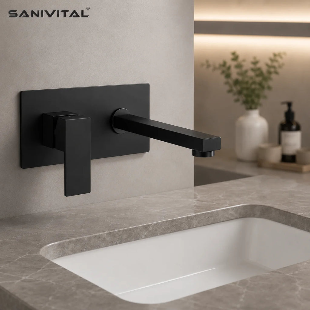 SANIVITAL Wall Mounted Bathroom Faucet Matte Black Basin Mixer Tap Single Handle Hot Cold Water Sink Faucet