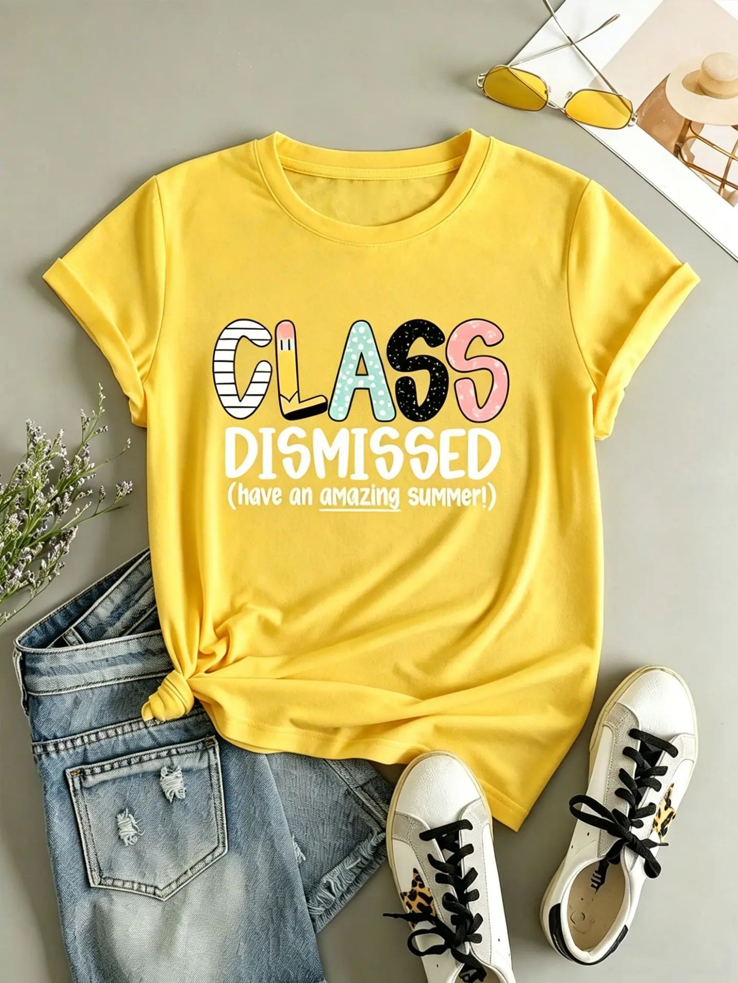 American Style Short Sleeve T-Shirt Women's Letter Print Slimming Fashionable Cross-Border Shoulder Length round Neck Top