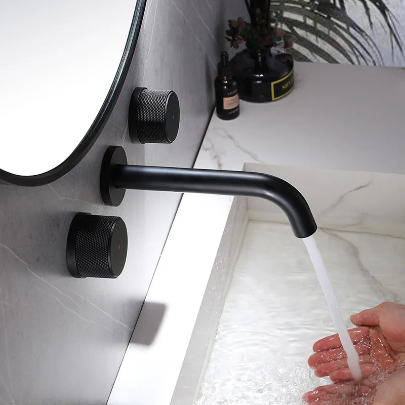 Double Handle Matte Black Wall Mounted Bathroom Faucet Hot & Cold Water Mixer Chrome Basin Faucet