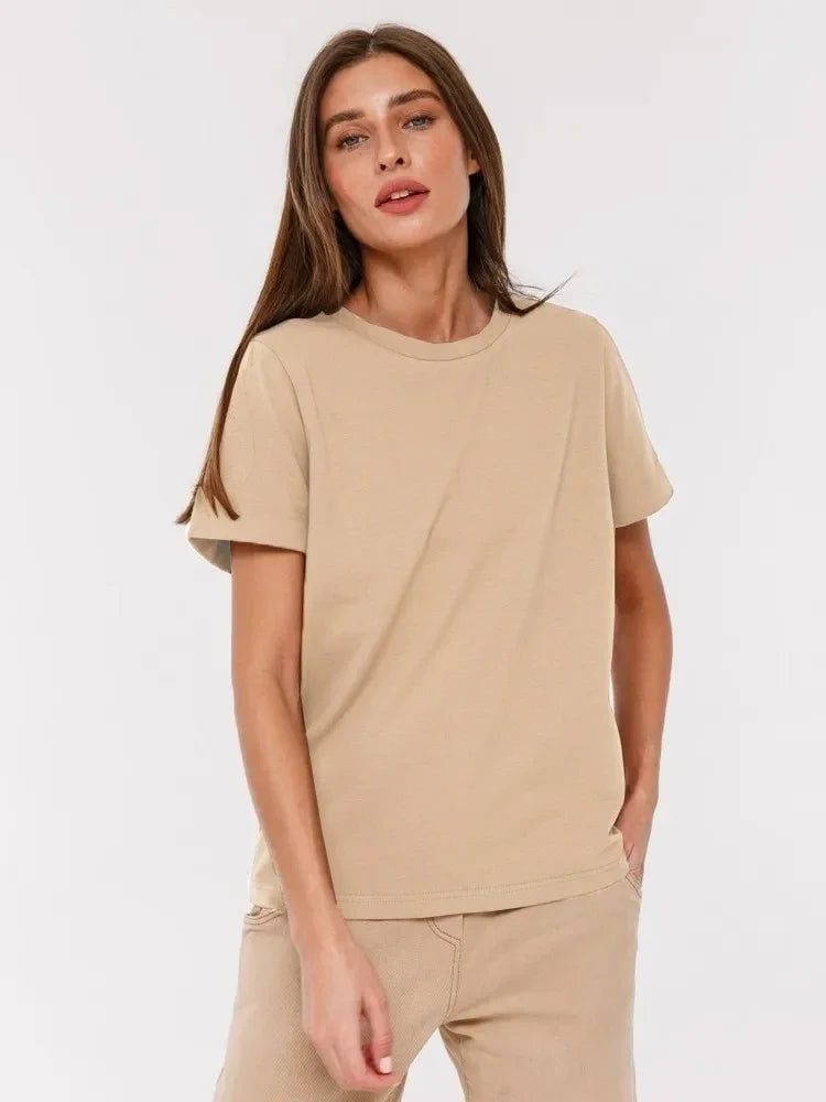 Wolfeel Summer 100% Cotton Women's T-shirt Bottoming Basic Fashionable Solid Lady Short Sleeve Loose Tops Shirts 230g/㎡ Tops