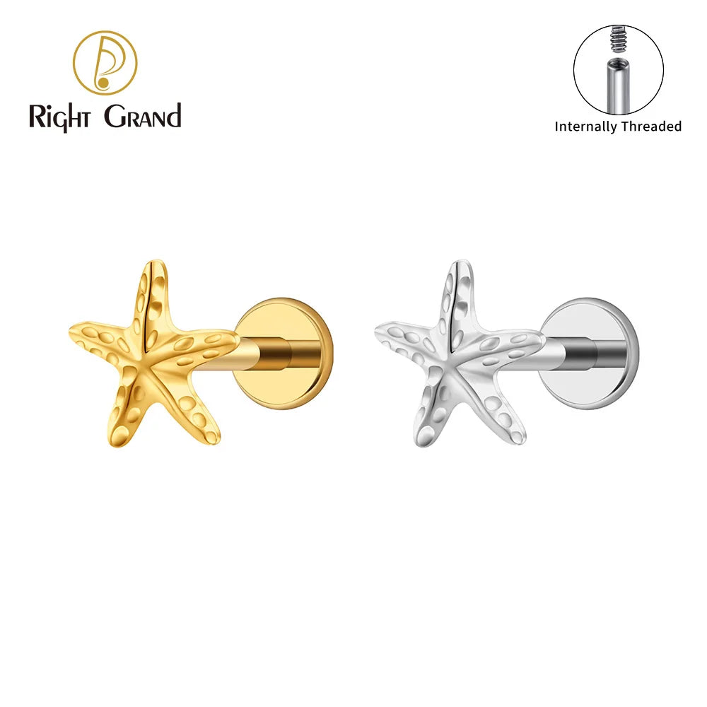 Right Grand ASTM F136 Titanium Tiny Starfish Cartilage Earring 16G Flat Back Labret Helix Stud Earlobe Piercing Summer Jewelry