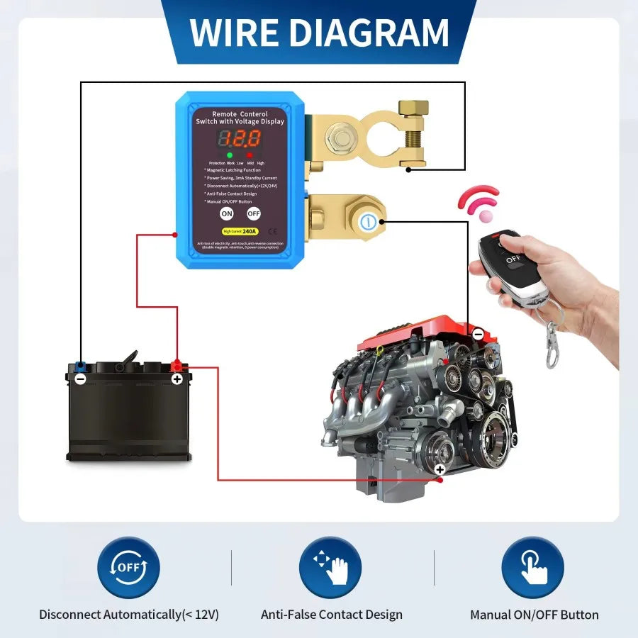 Auto Battery Master Switch with Remote, 240A Kill Switch 12V Remote Battery Disconnect Switch with Led Voltage Display Automatic
