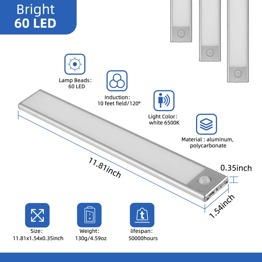 Night Light Under Cabinet Lights Ultra Thin LED Light Motion Sensor Wireless Rechargeable 3 Color For Kitchen Bedroom Lighting