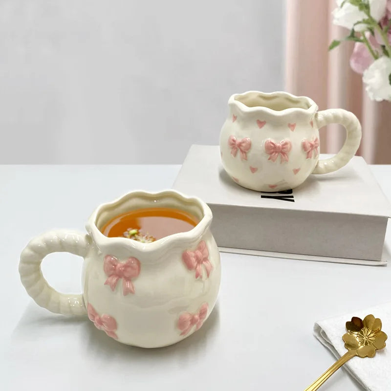 Bow Ceramic Coffee Cup Cute Handmade Ins Style Mug Drinking Water Afternoon Tea Gift Decoration Summer Dopamine Girlfriend Gift