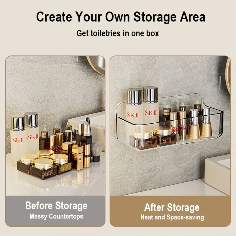 Large Transparent Bathroom Shelf, Adhesive Wall-Mounted Storage for Shower Gel/Bottles, Extra Deep PET Vanity Organizer