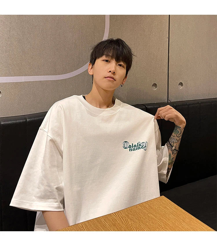 Forest Green Heavyweight Cotton American Style Men's T-shirt Short Sleeve Vibe High Street Seven Sleeve Summer T-shirt