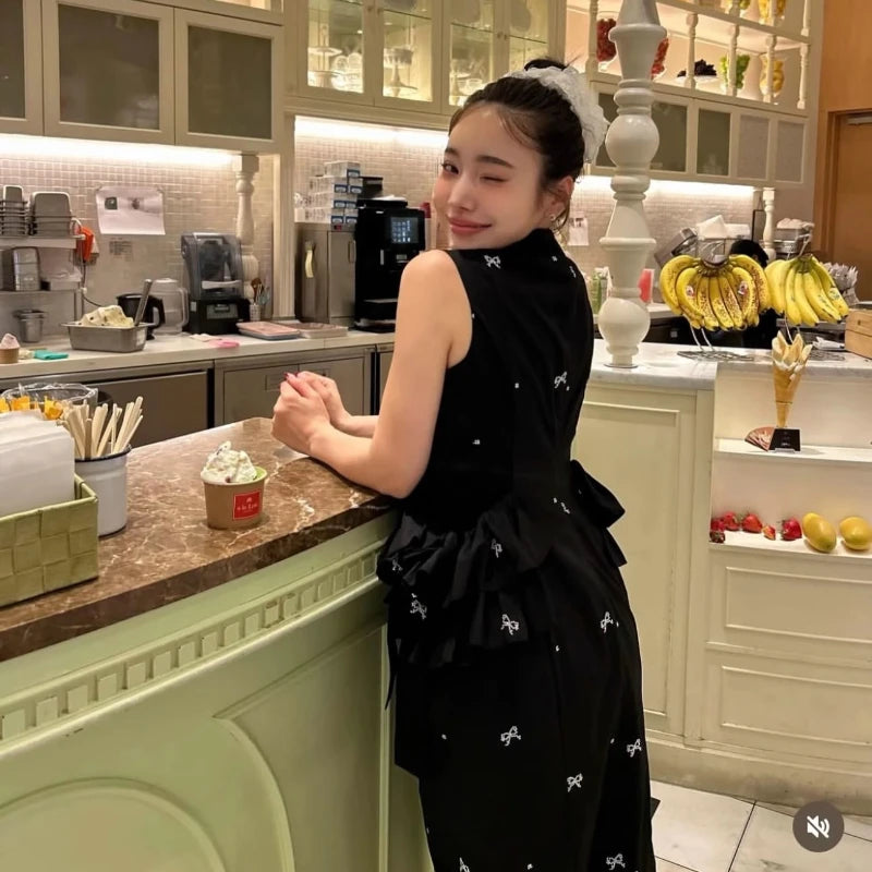 Japanese Sweet Basic Black Sleeveless Long Dress Summer 2025 New Women's Slim Cute Bow Printed Ruffles Casual Fashion Dress