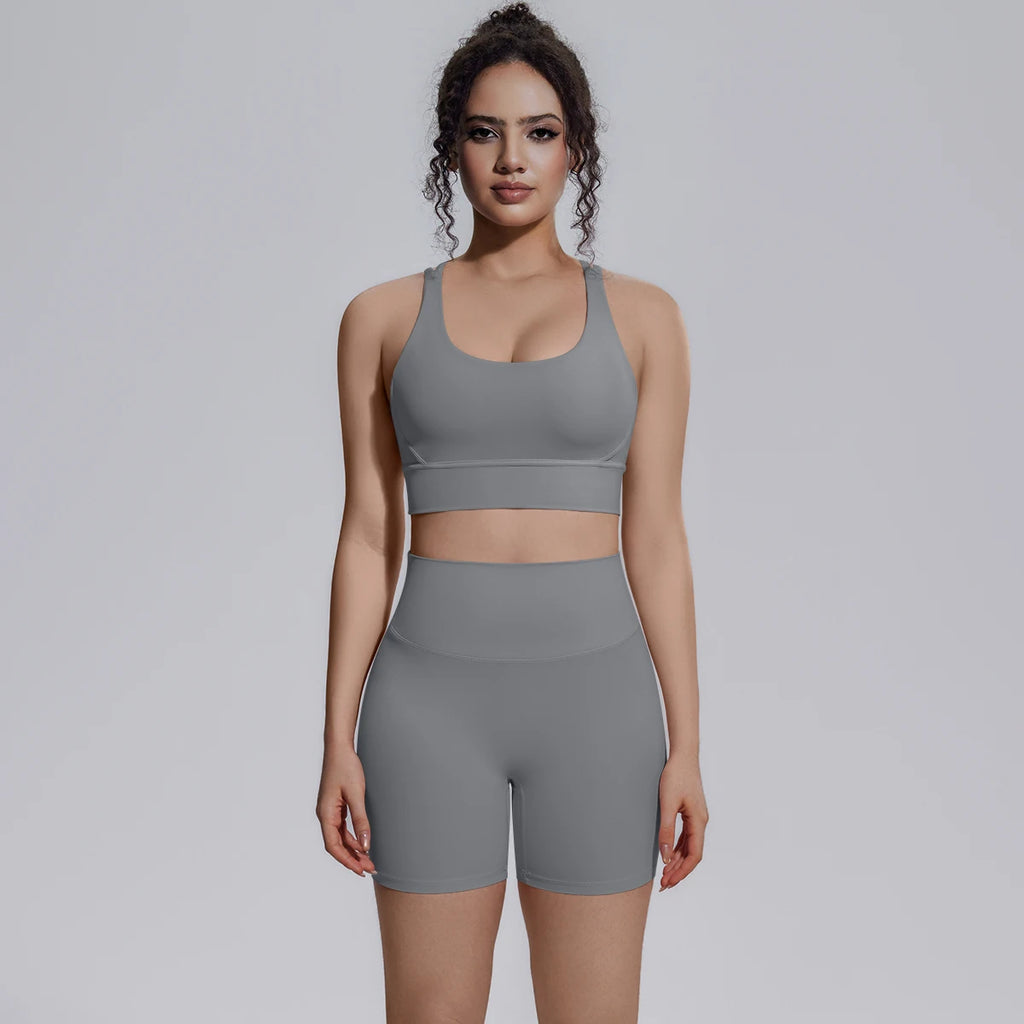 2PCS/set Yoga Set Summer Breathable Running Cycling Backless Sports Bra High Waist Peach Buttocks Fitness Shorts Gym Yoga Set