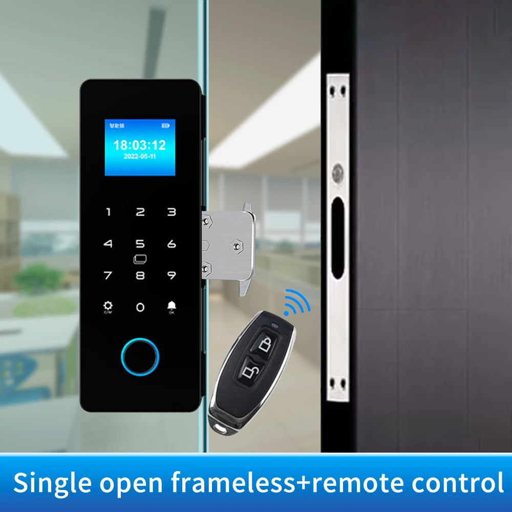 Electronic Digital Lock Fingerprint Glass Door Lock Bluetooth HAHA-Lock App Passcode IC Card Keyless Smart Phone Attendance Lock