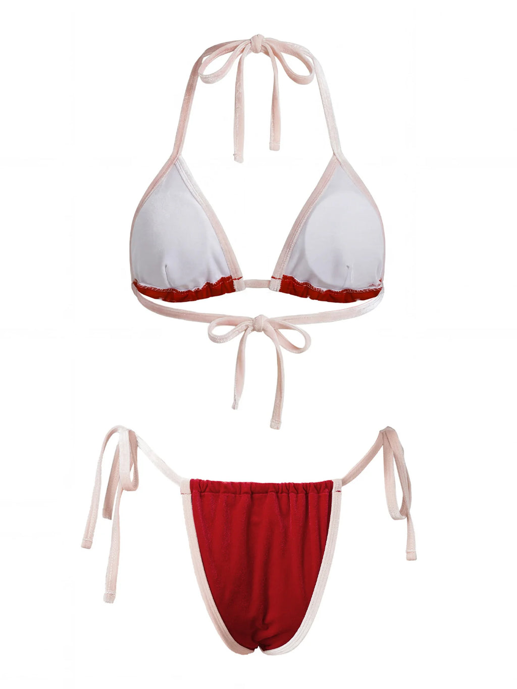 Women's Summer Beach Bikini Set Burgundy Velvet Pink Contrast Trim Triangle Top Halter Neck Thong Bottom