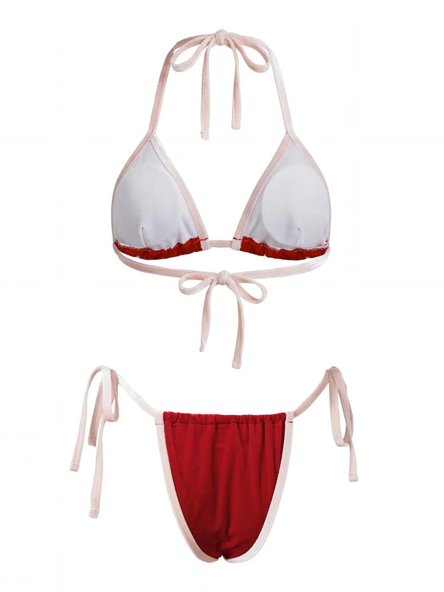 Women's Summer Beach Bikini Set Burgundy Velvet Pink Contrast Trim Triangle Top Halter Neck Thong Bottom