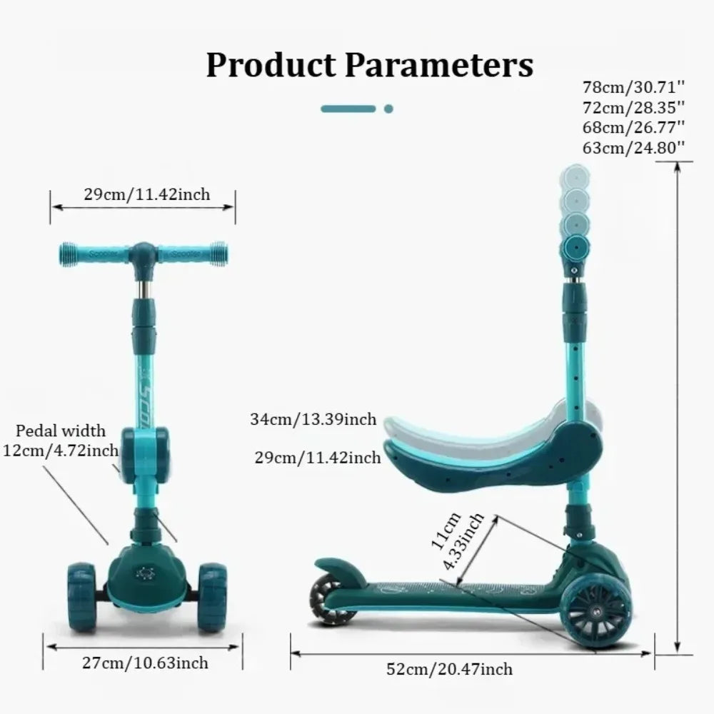 2-in-1 Scooters Kids 3 Wheel Kick Scooter for Boys Girls Adjustable Height & Seat Non-Slip Deck Sit or Stand Ride with Brake
