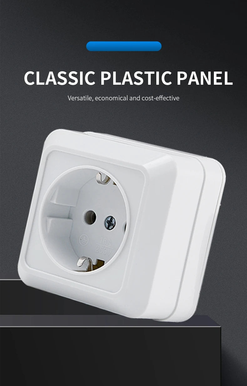 White Wall Mount Socket EU Standard Electrical Outlett Ground Vintage Surface Power Socket Plugs Flame Retardant Plastic