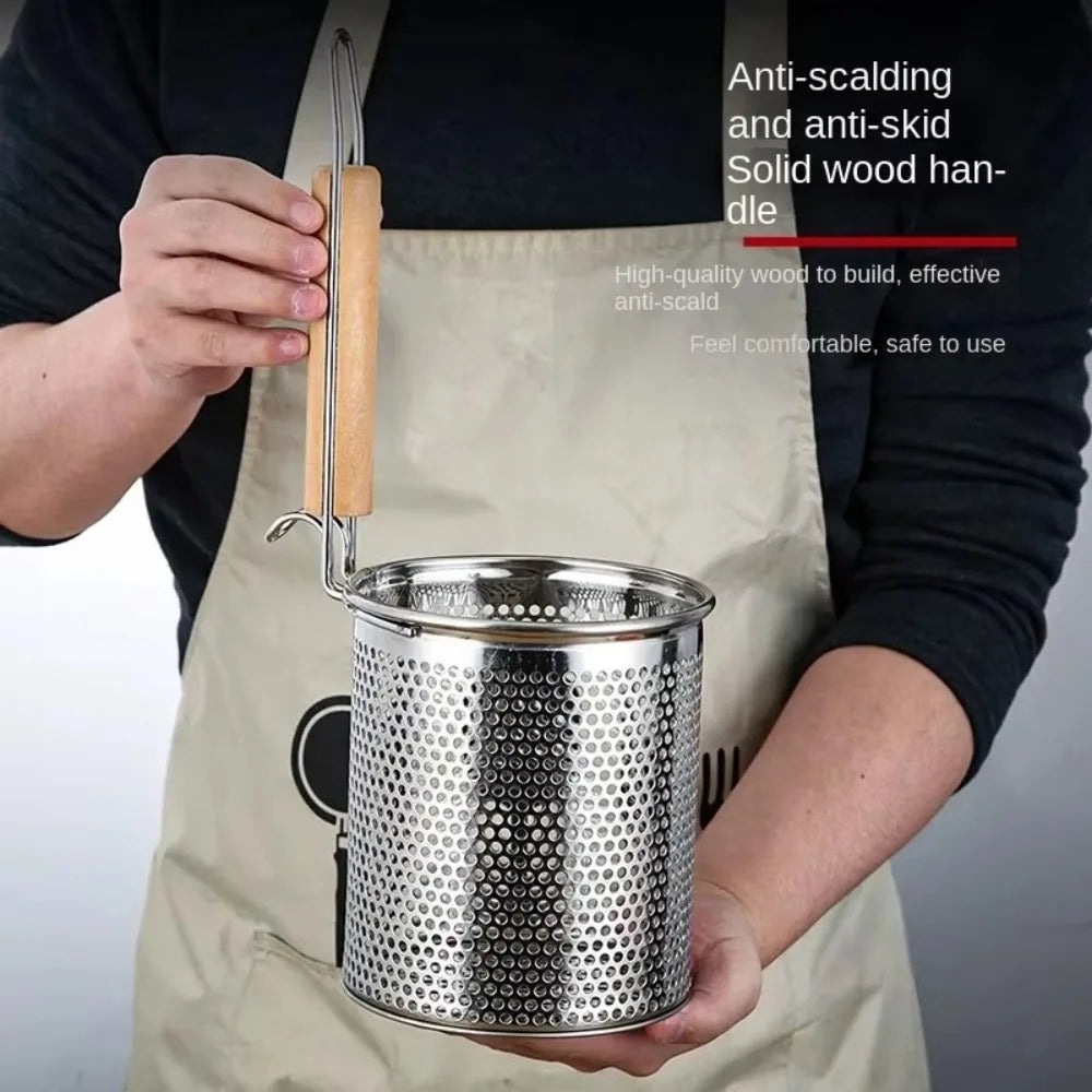 Durable Thickened Stainless Steel Funnel Wooden Handle Multifunctional Pasta Basket Strainer Kitchen Gadgets Deep Fry Basket