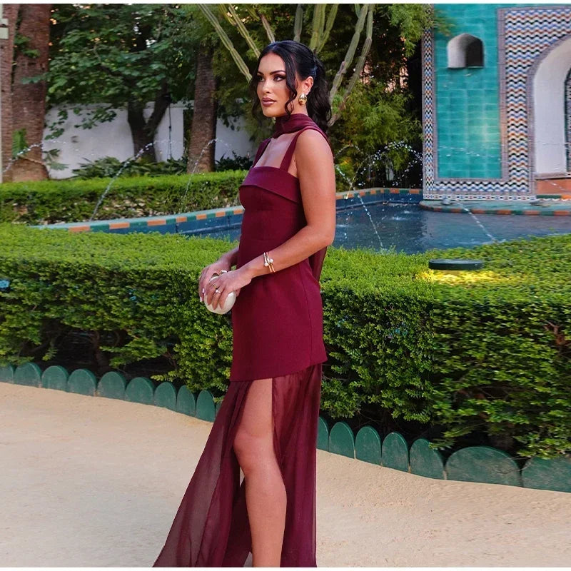Boho Chic Elegant Mesh Patchwork Sling Dress Sexy Loose Sleeveless Split Scarf Long Dress Female 2026 New Party Evening Dresses