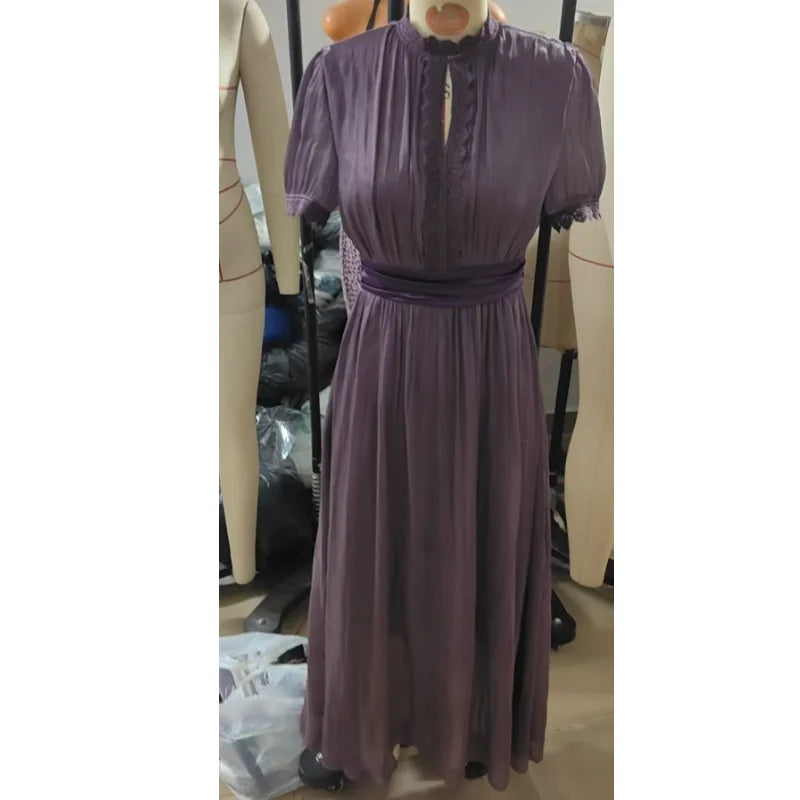 Vintage Spliced Hollow Out Dinner Maxi Dress for Women Stand Collar Lantern Sleeve Pleated Tunic Slit Sexy Dresses Female