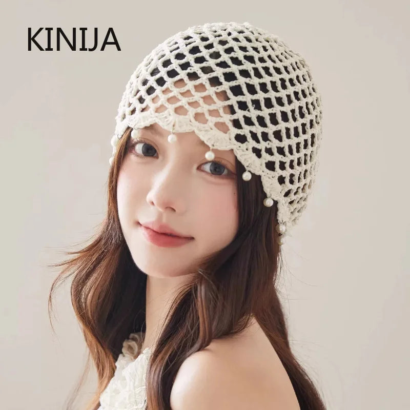 Fashion Hollowed Out Woven Pullover Hats Crochet Breathable Beret Cap Pearl Fringed Retro Beanies Cap for Women Summer Korean