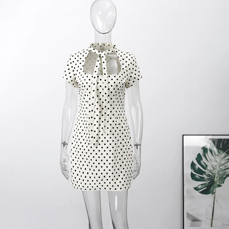 Fashion Lace Up Polka Dot Mini Dress Women Square Collar Short Sleeve Satin Party Dresses2026 Summer Lady Elegant Beach Robe New
