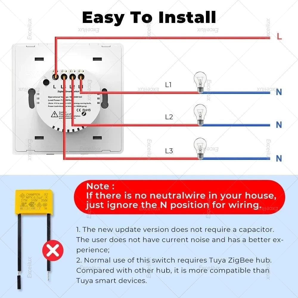 ZigBee Smart Light Switch No Neutral Wire No Capacitor Needed Wall Light Switch Works With Home Assistant Zigbee Gateway 2mqtt