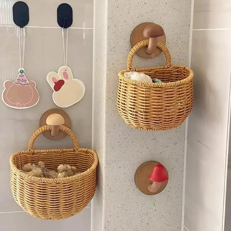 Kitchen Storage Basket With Handle Cute Wall Hanging Woven Basket Kawaii Hanging Storage Basket Kitchen Sundries Organizer