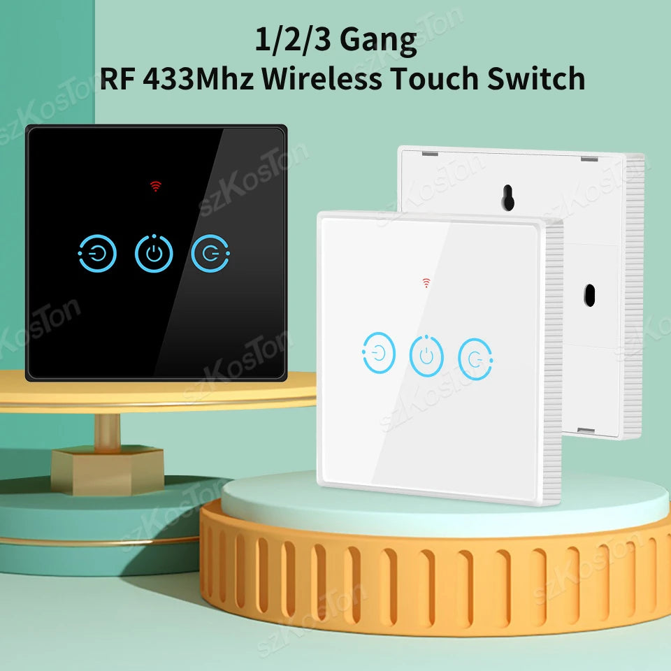 Wireless Radio Frequency RF 433Mhz Switch 1/2/3 Gang Smart Touch Switch Remote Control Tempered Glass Panel Wireless Wall