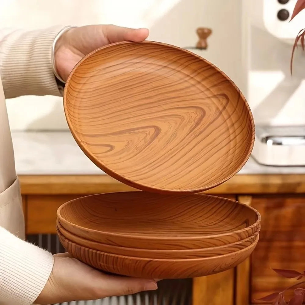 Kitchen Accessories Plastic Wood-Grain Round Tray Imitation Wood Multi-Purpose Tea Tray Dinner Plates Tea Coffee