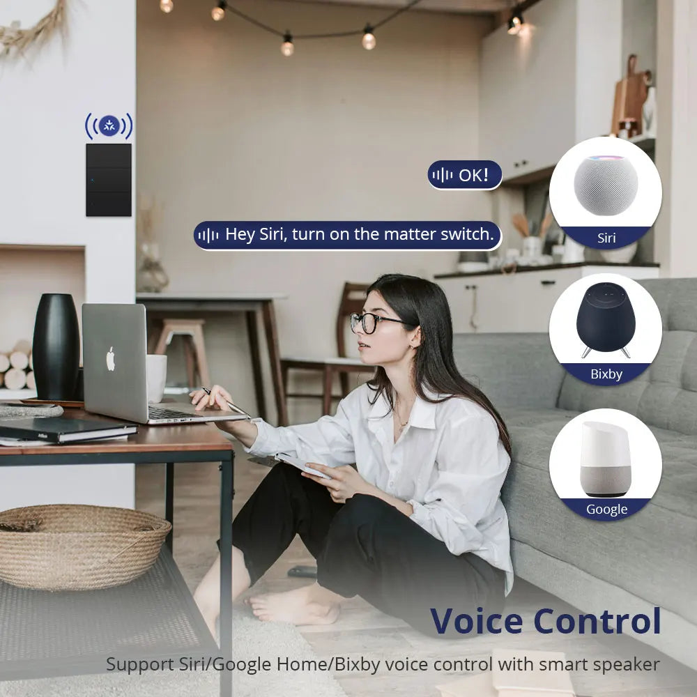 Matter Over WiFi US Smart Wall Light Switch 1 2 3 4 6 Gangs with Black Button Neutral Required Homekit SmartThings App Control
