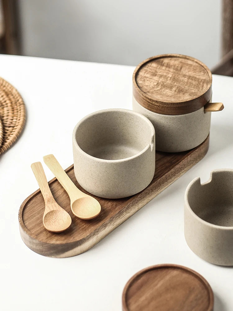 JUSTINLAU Ceramic Seasoning Jar Japanese Spice Container with Bamboo Lid Spoon Home Oil Pot Seasoning Bottle Tray Kitchen Tools