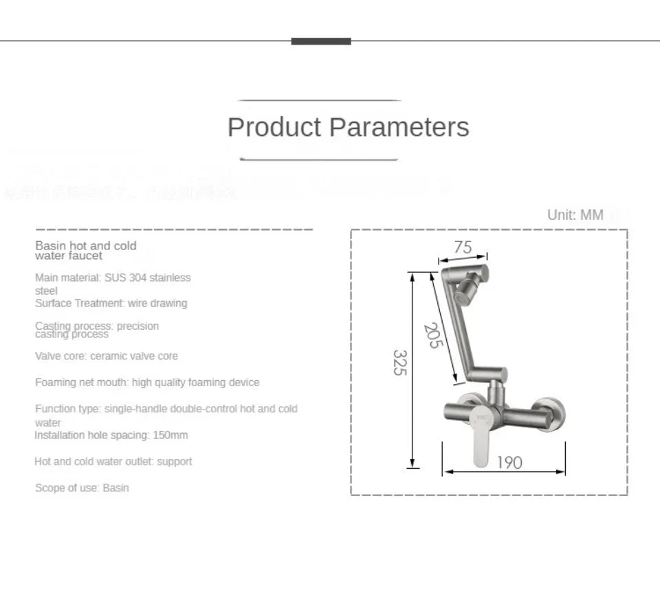 Stainless Steel Foldable Basin Faucet Wall Mounted Bathroom Kitchen Sink Washbasins Cold Hot Water Mixer Tap 360 Degree Swivel
