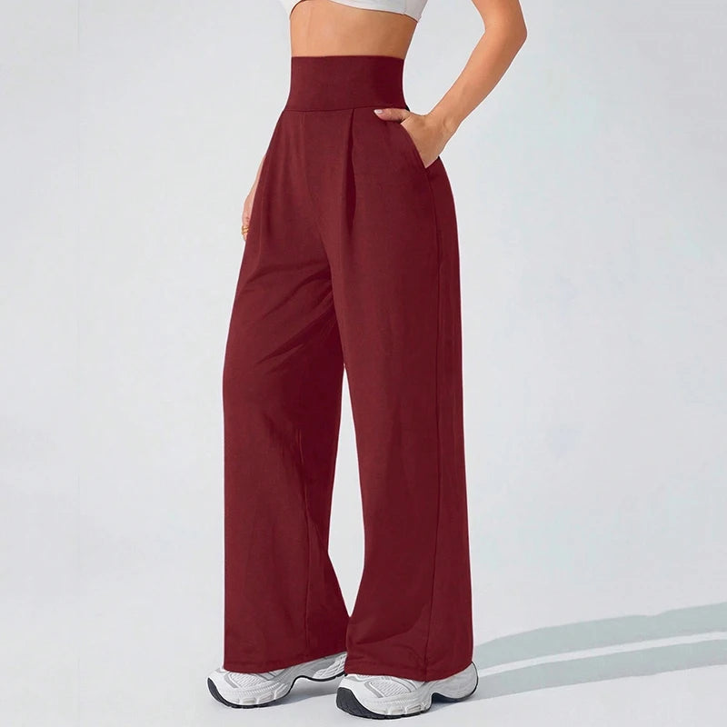 Women's High Waisted Sports Pants with Side Pockets Solid Color Wide Leg Yoga Pants Woman Body Hugging Straight Leg Trousers