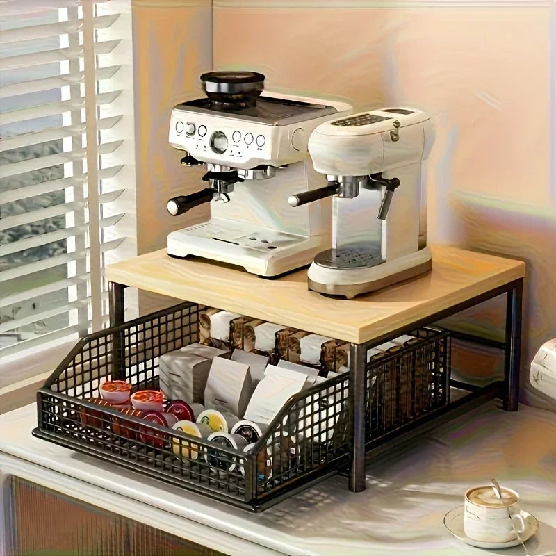Space-Saving Kitchen Countertop Organizer Made of Sturdy Hardwood with Drawer and Wire Basket for Coffee Maker
