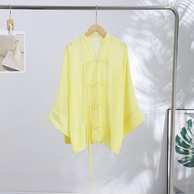 Loose Women's Frog Buttons Mandarin Shirts See Through Stand Collar Full Sleeve Blouses 2026 Summer Lady Cotton Linen Outwear