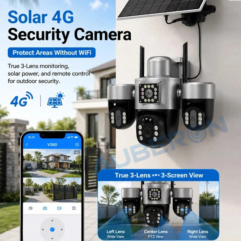 Solar 4G Security Camera 3 Lens 3 Screen Outdoor V380 APP 6MP PTZ PIR Full Color Night Vision IP66 Waterproof Battery Cam System