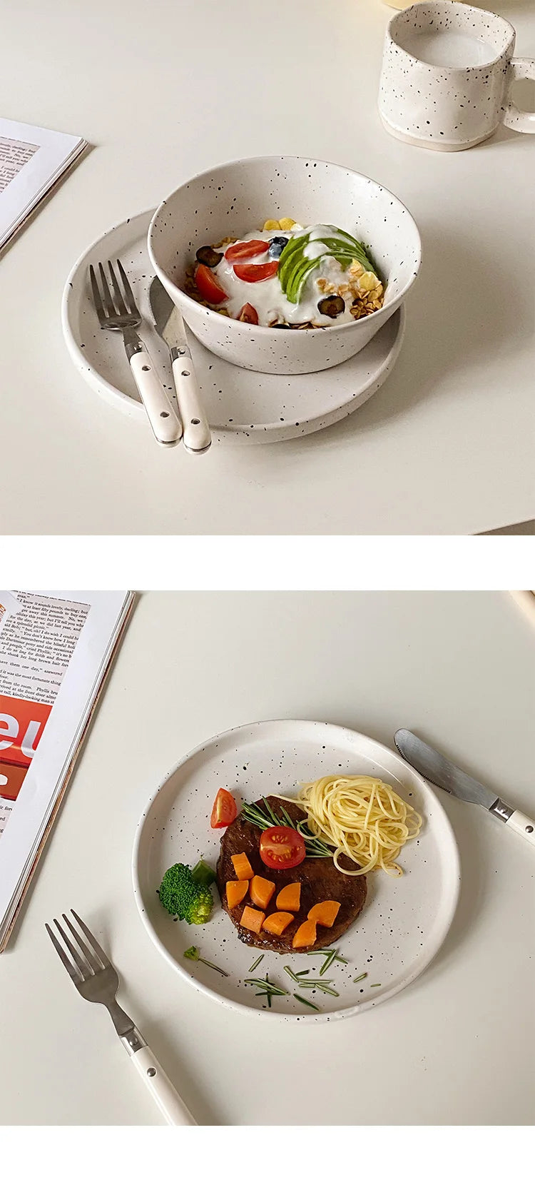 Retro Style White Ink-splashed Ceramic Bowl and Plate Western Food Steak Fruit Dessert Tray Salad Bowl Tableware Main Dish Plate