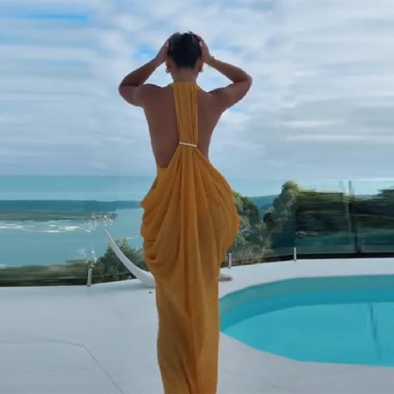 Chic Bohemian Yellow Dress Draped Chiffon Vintage Women Dresses Party Summer Vacation Beach Trendy Streetwear