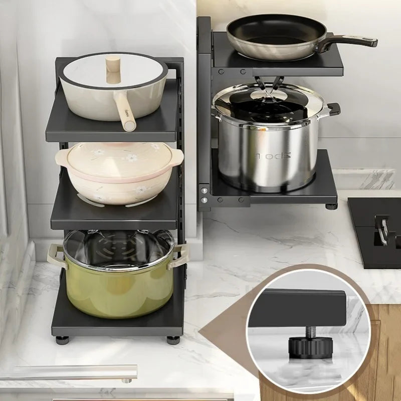 Kitchen Storage Rack Adjustable Plates and Pots Carbon Steel Storage Rack Free Layered Snap-on Floor Pot Rack Kitchen Storage