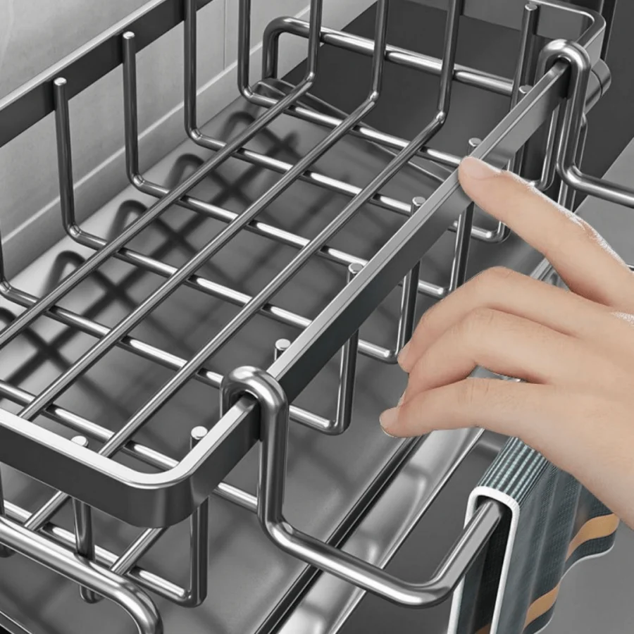 Stainless Steel Kitchen Sink Organizer - Multi-Functional Over Sink Drain Rack for Faucet Area, Rag & Sponge Storage