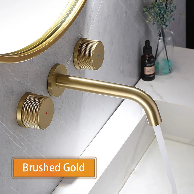 Double Handle Matte Black Wall Mounted Bathroom Faucet Hot & Cold Water Mixer Chrome Basin Faucet