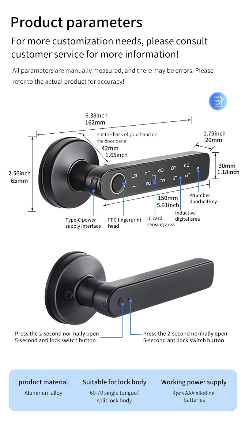 M5 Tuya BLE Fingerprint Door Lock Smart Digital Electronic Lock with Password/Key/IC Card(Optional)/ Smartlife/ Tuya APP Unlock